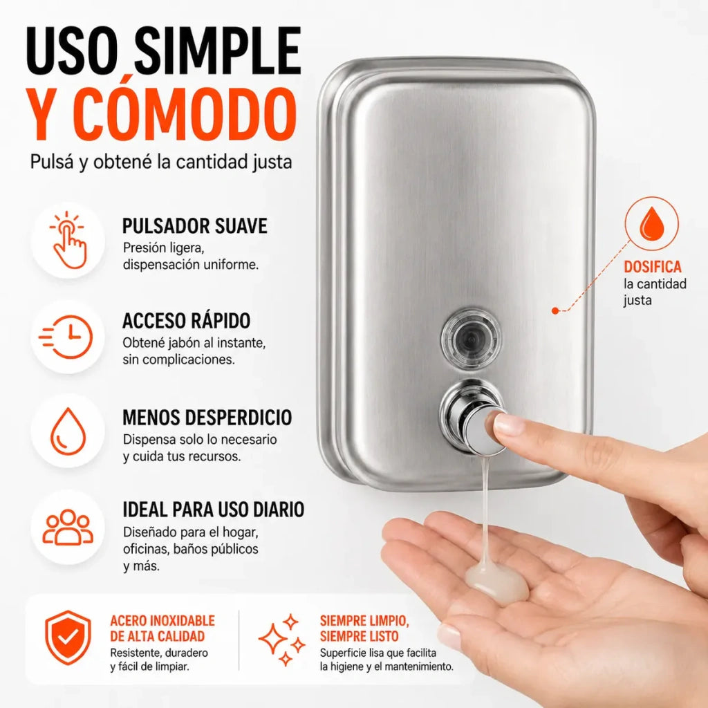 Dispenser Jabon Liquido Acero Inox 500 Ml Premium Pared