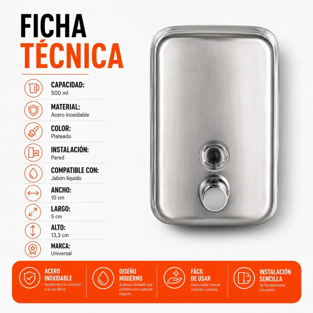 Dispenser Jabon Liquido Acero Inox 500 Ml Premium Pared