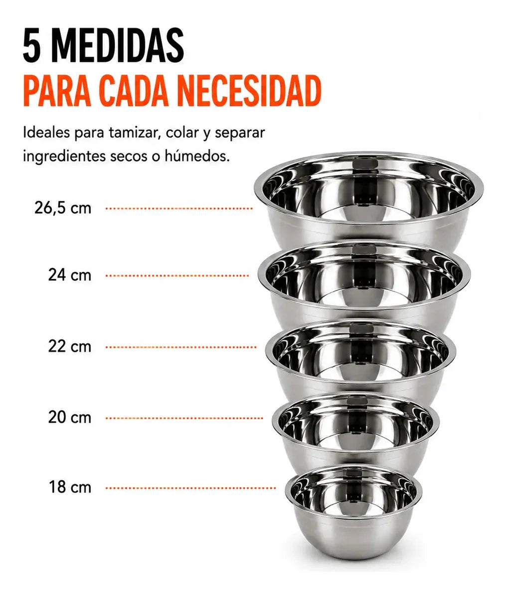 Set 5 Bowls Cocina Acero Inox Reforzado Reposteria Ensala