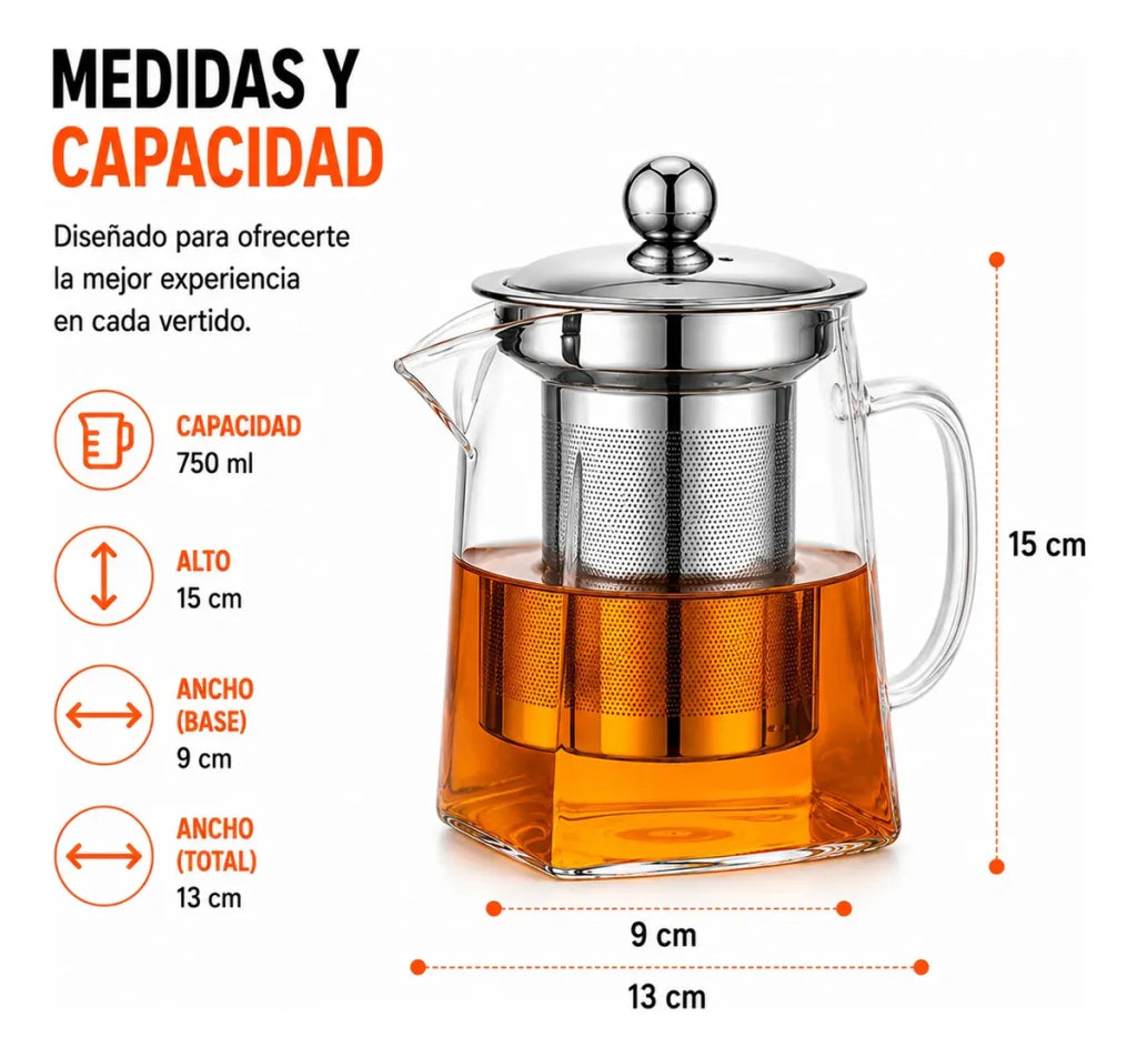 Tetera De Vidrio 750ml Infusor Filtro De Acero Inoxidable