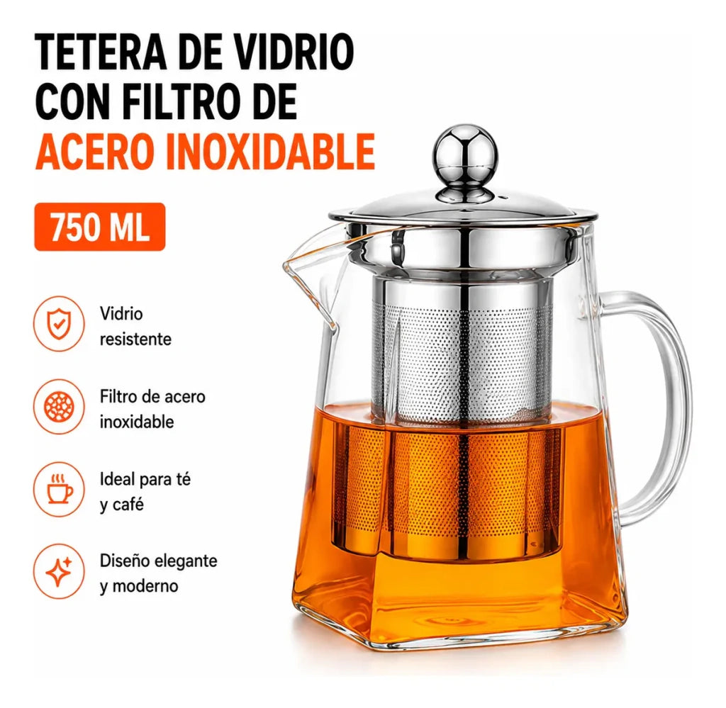 Tetera De Vidrio 750ml Infusor Filtro De Acero Inoxidable