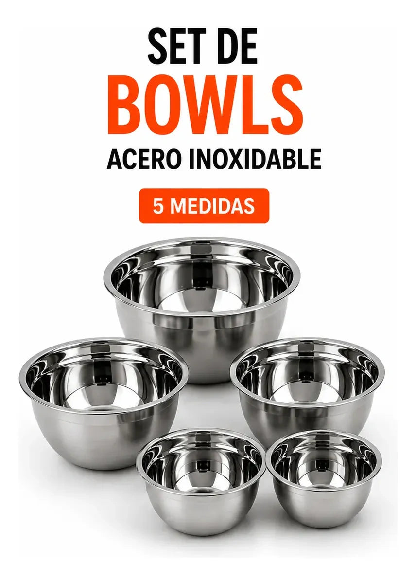Set 5 Bowls Cocina Acero Inox Reforzado Reposteria Ensala