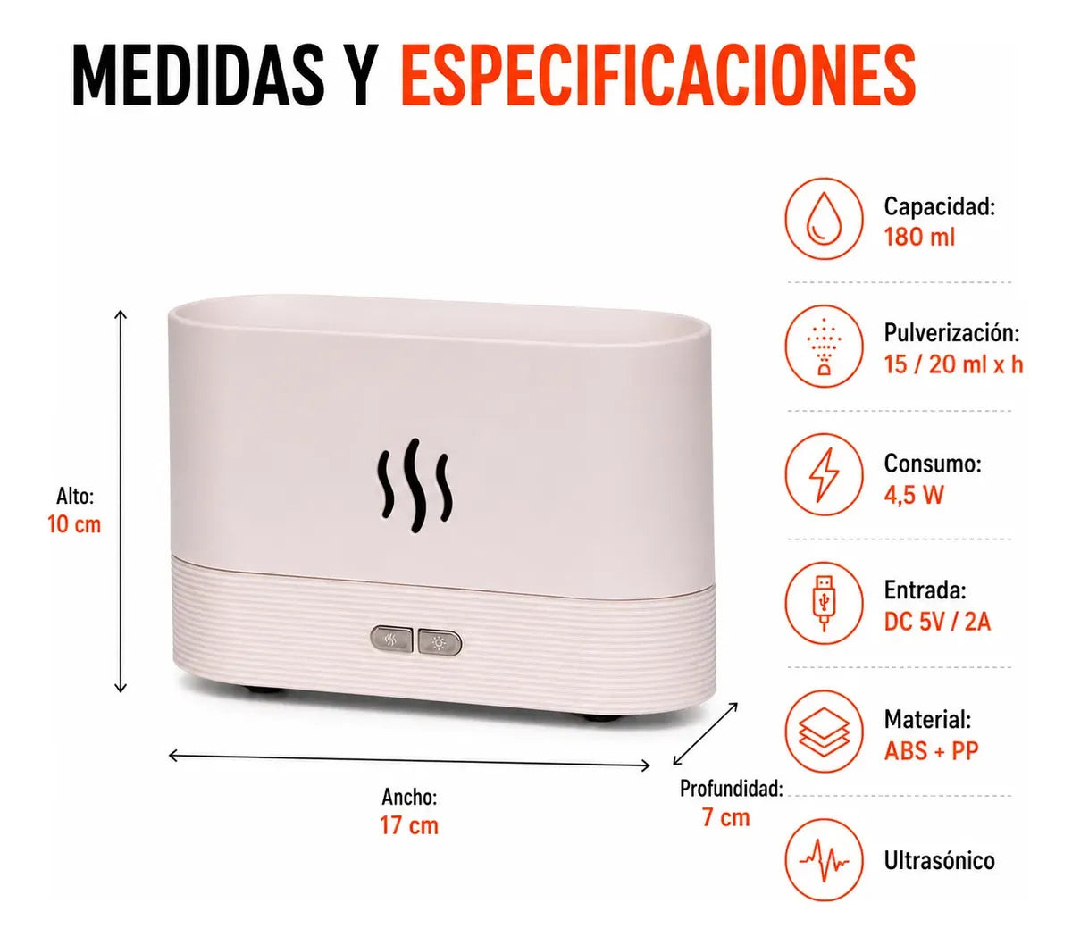 Humidificador Difusor Aroma Silencioso Efecto Fuego 180ml