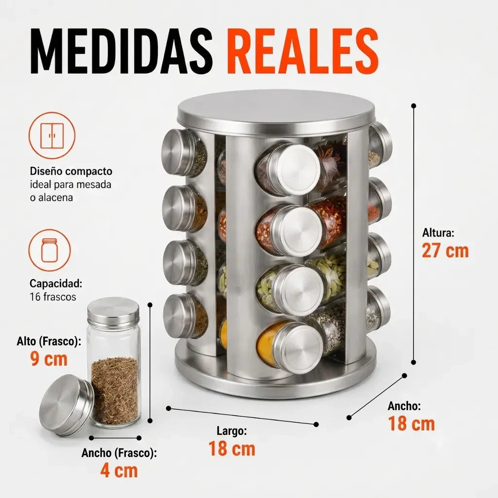 Especiero Giratorio Acero Inoxidable con 16 Frascos de Vidrio