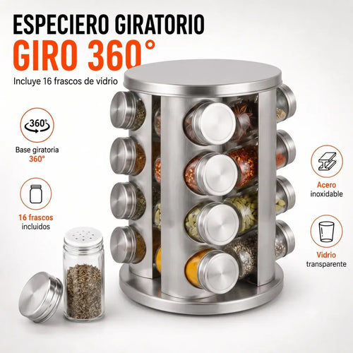 Especiero Giratorio Acero Inoxidable con 16 Frascos de Vidrio