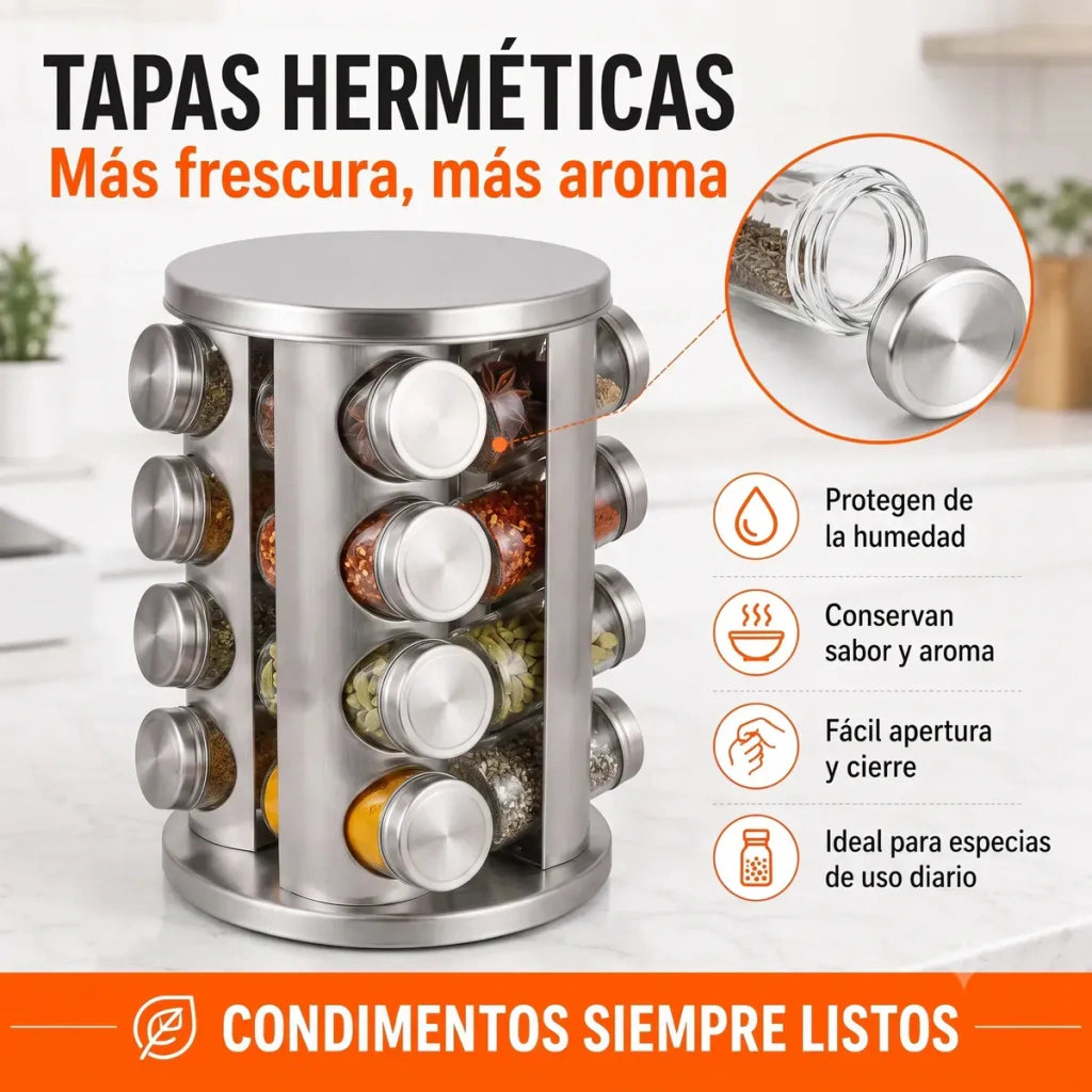 Especiero Giratorio Acero Inoxidable con 16 Frascos de Vidrio